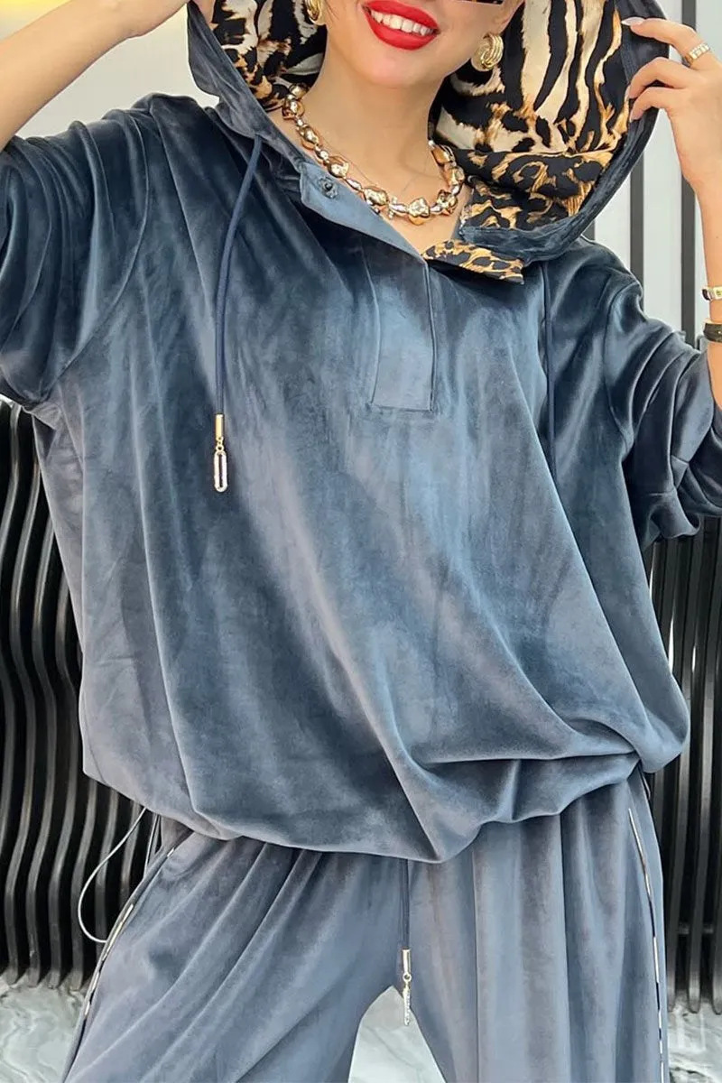 Elegant Velvet Hooded Top with Leopard Detail and Wide Leg Pants Set (Buy 2 Free Shipping)