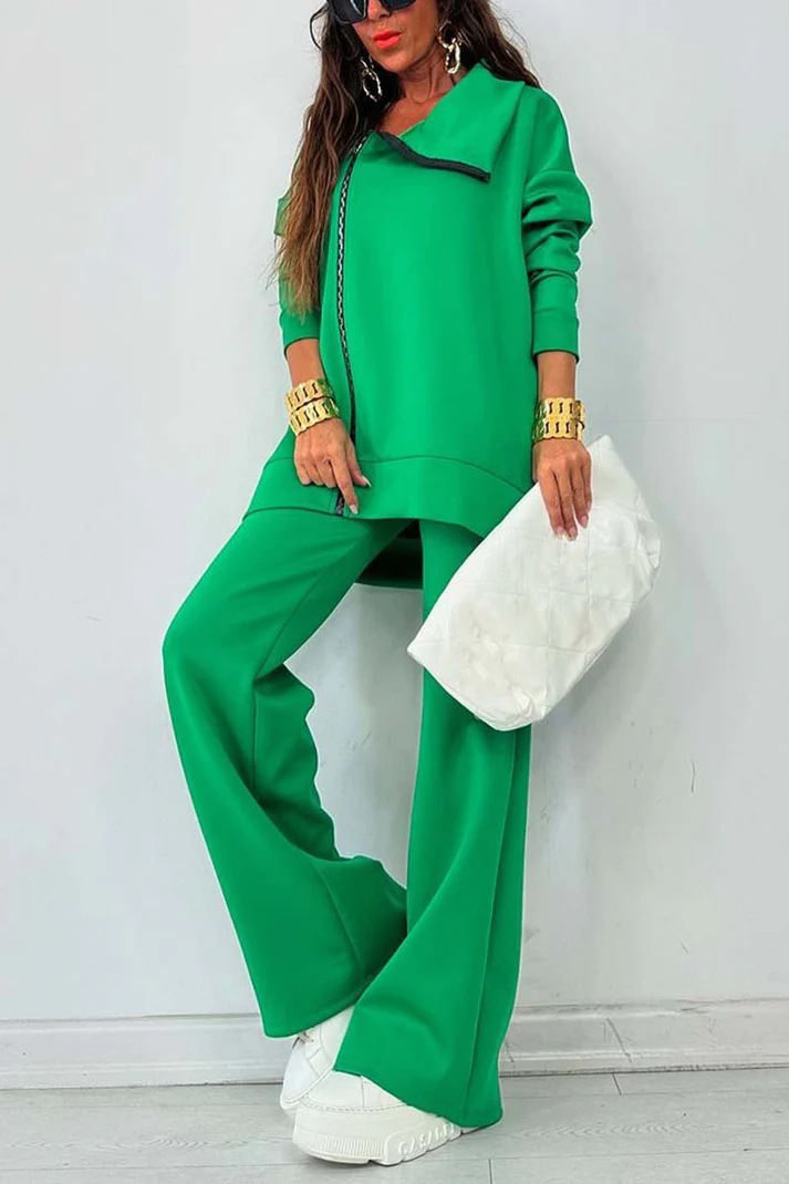 Cozy High Neck Zip Detail Top and Pants Two Piece Set  (Buy 2 Free Shipping)