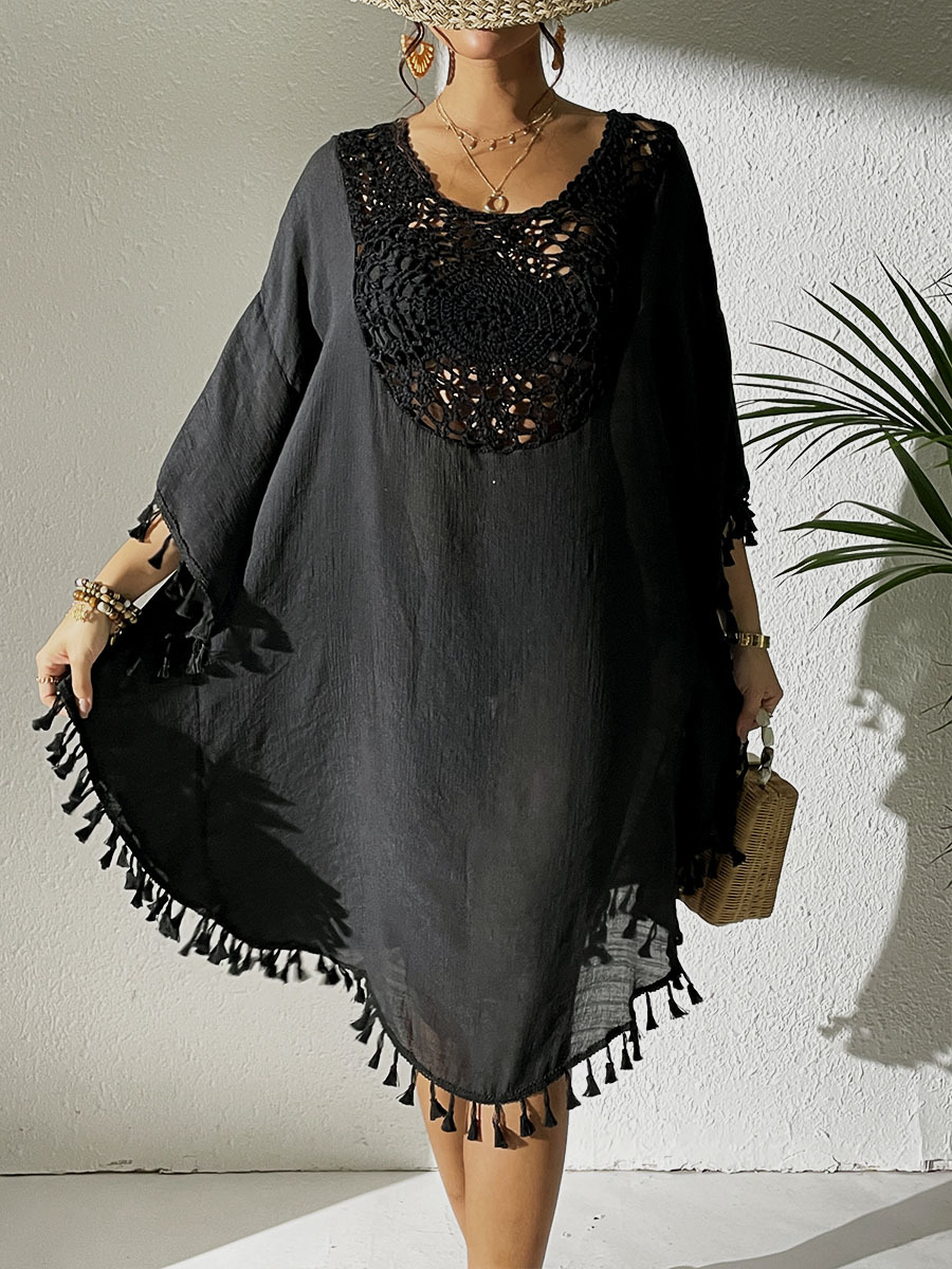 Boho Tassel Trim Crochet Yoke Loose Kaftan Dress