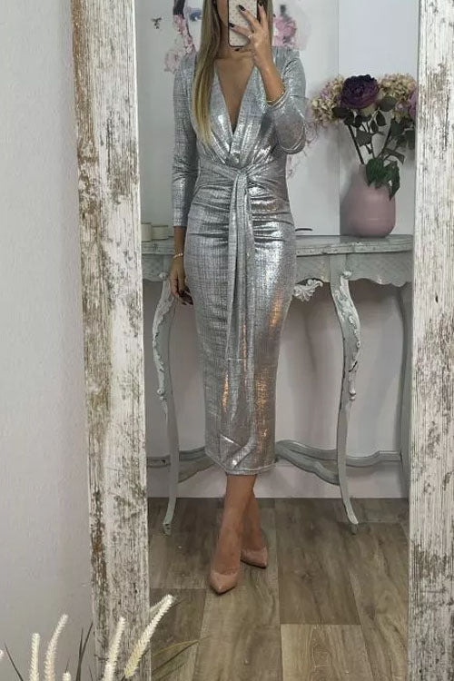 Shiny Lady Metallic Fabric Padded Long Sleeve Tie-up Ruched Midi Dress (Buy 2 Free Shipping)