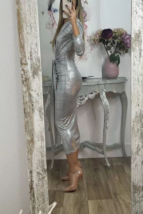Shiny Lady Metallic Fabric Padded Long Sleeve Tie-up Ruched Midi Dress (Buy 2 Free Shipping)