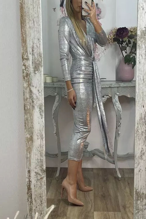Shiny Lady Metallic Fabric Padded Long Sleeve Tie-up Ruched Midi Dress (Buy 2 Free Shipping)
