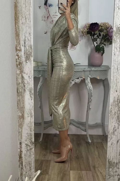Shiny Lady Metallic Fabric Padded Long Sleeve Tie-up Ruched Midi Dress (Buy 2 Free Shipping)