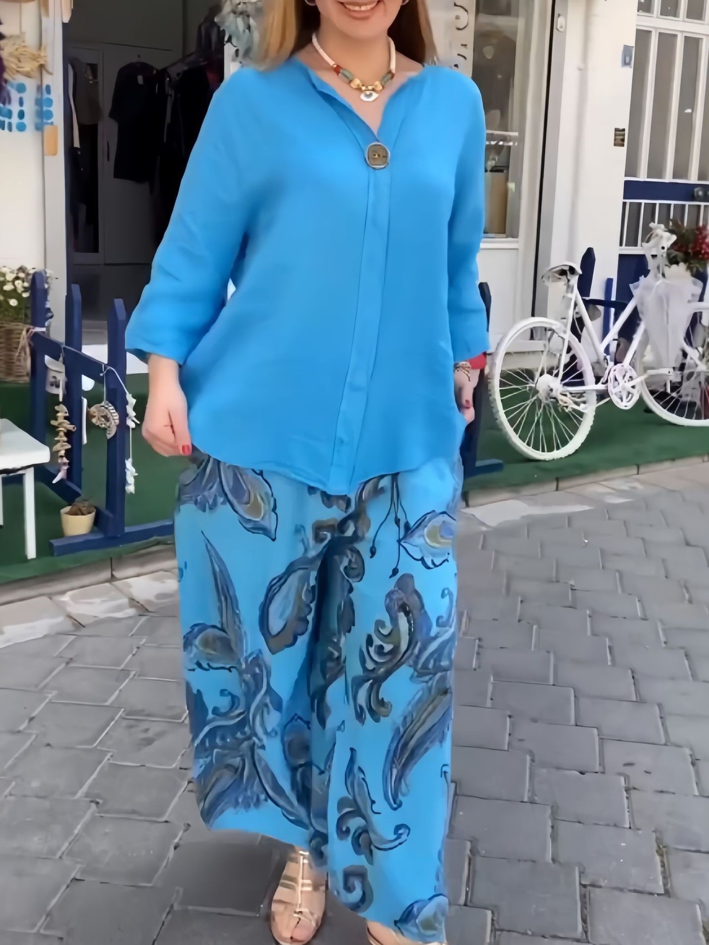 Relaxed Cotton-Linen V-Neck Top and Printed Wide Leg Pants Set (Buy 2 Free Shipping)