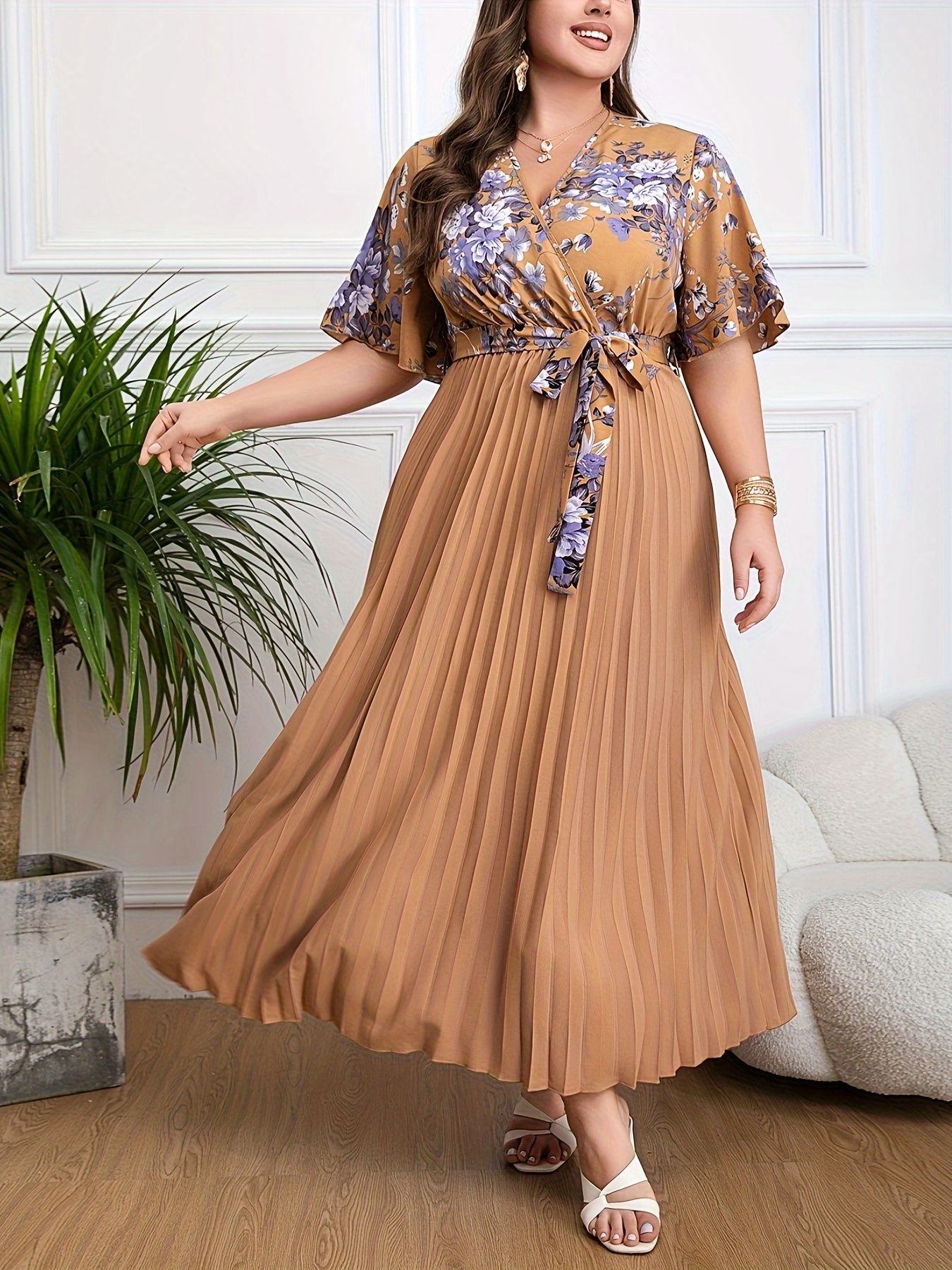 Elegant Floral Printed Pleated Maxi Dress (Buy 2 Free Shipping)