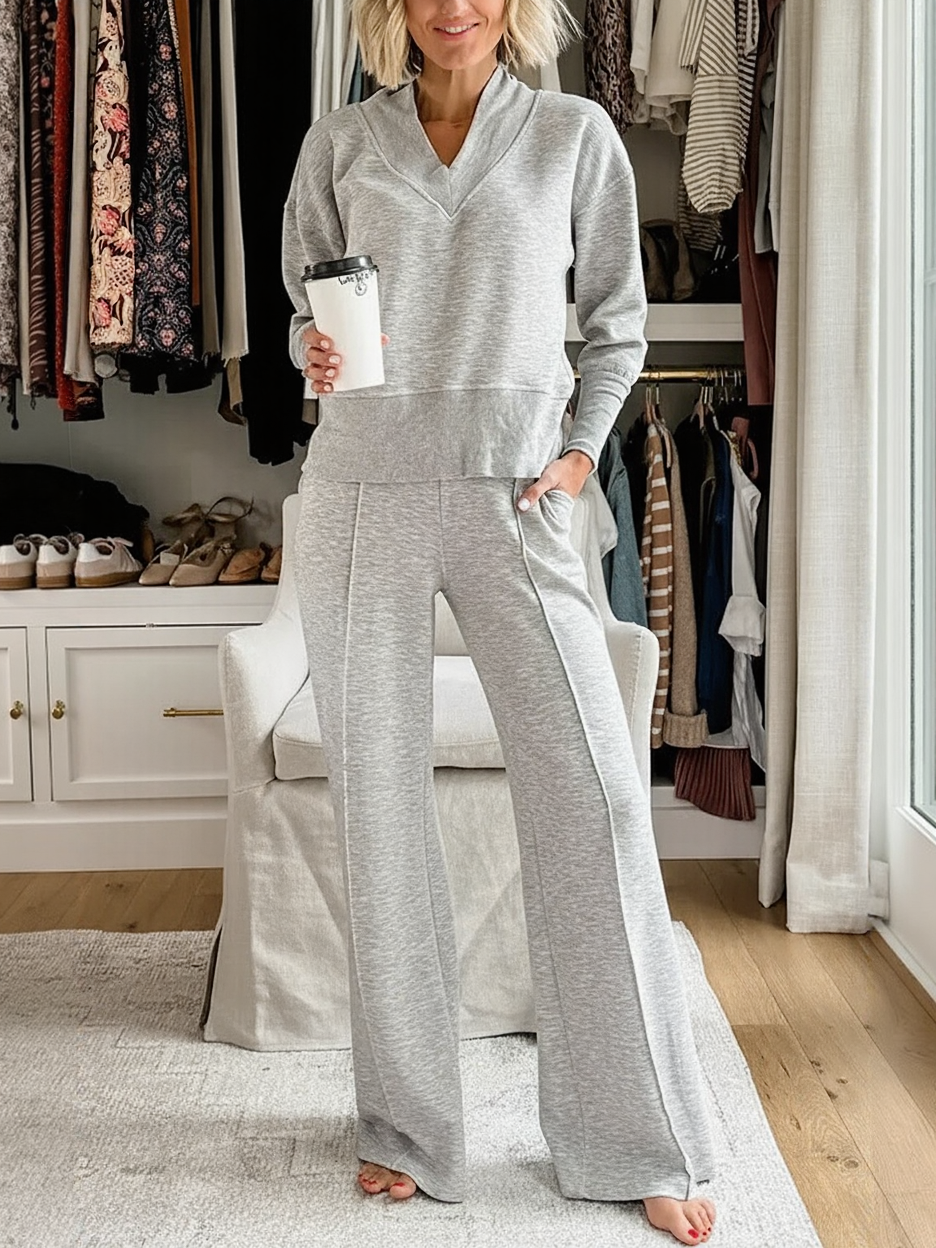 Cozy Knit Top and Wide Leg Lounge Pants Two Piece Set (Buy 2 Free Shipping)