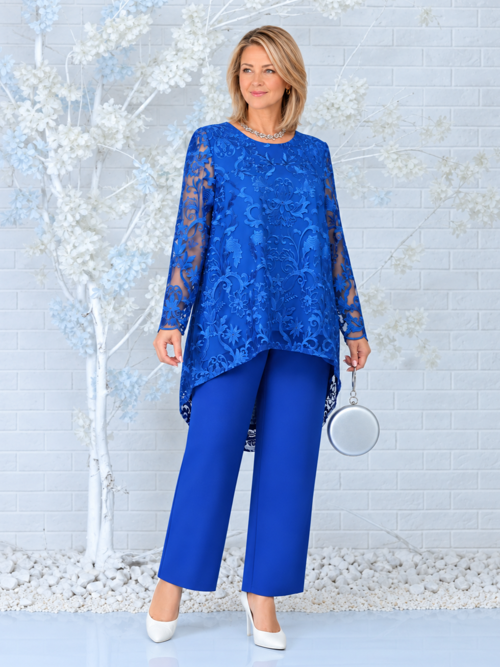 Elegant Lace Overlay Asymmetric Hem Top and Pants Set