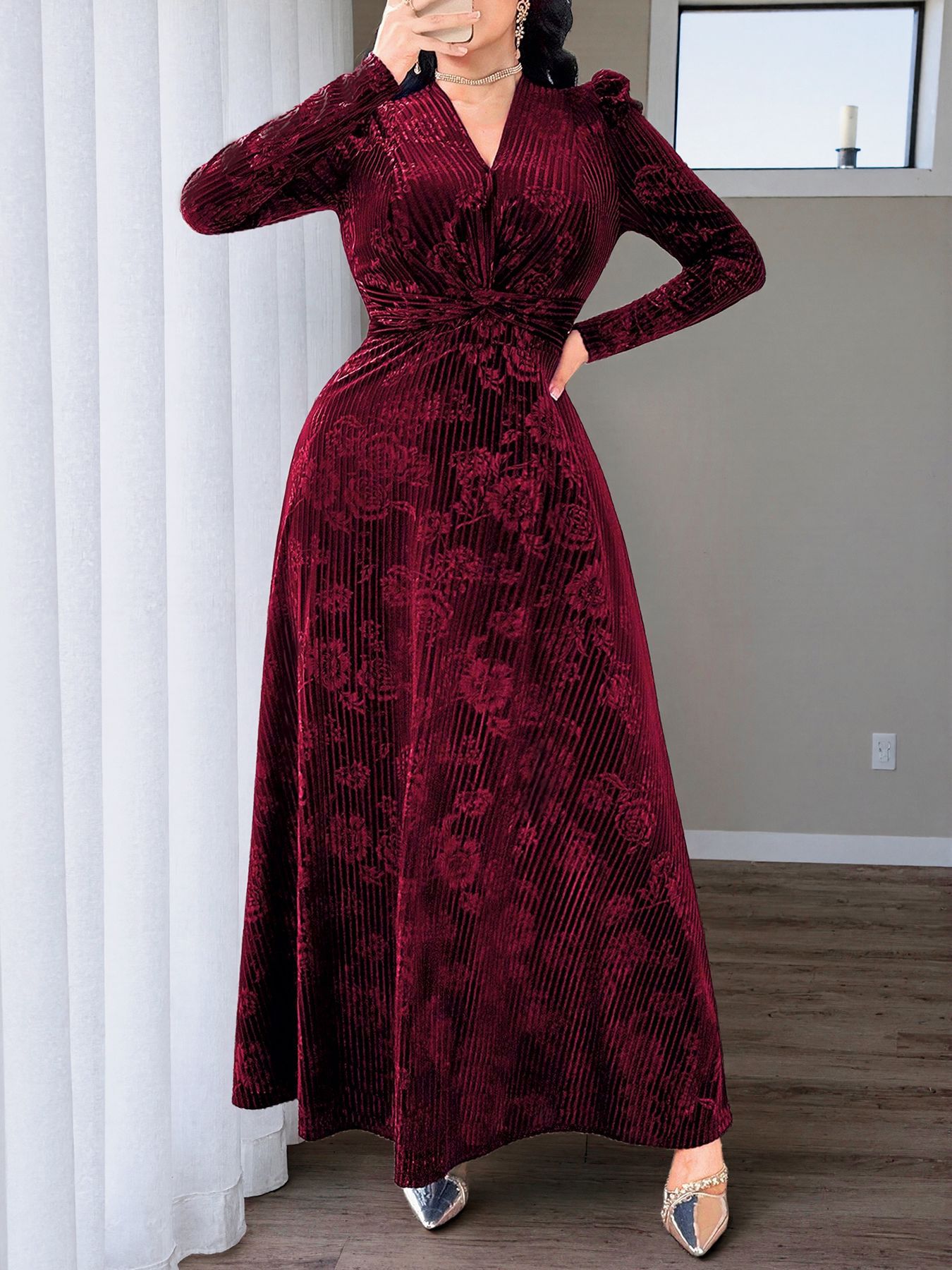 Elegant V-Neck Floral Velvet-Look Ruched Waist Maxi Dress