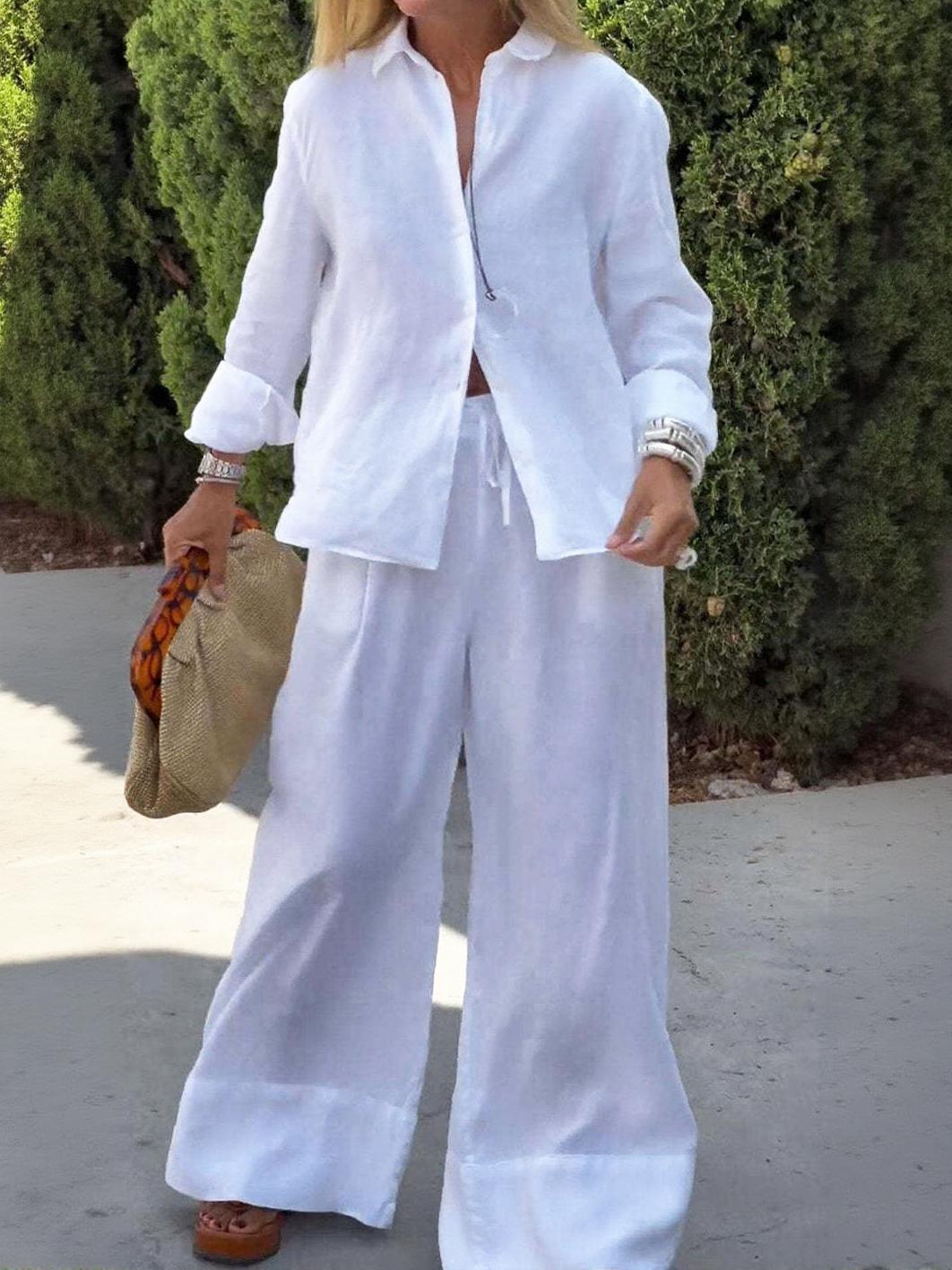 Relaxed Linen Button-Up Shirt and Wide-Leg Pants Two-Piece Set