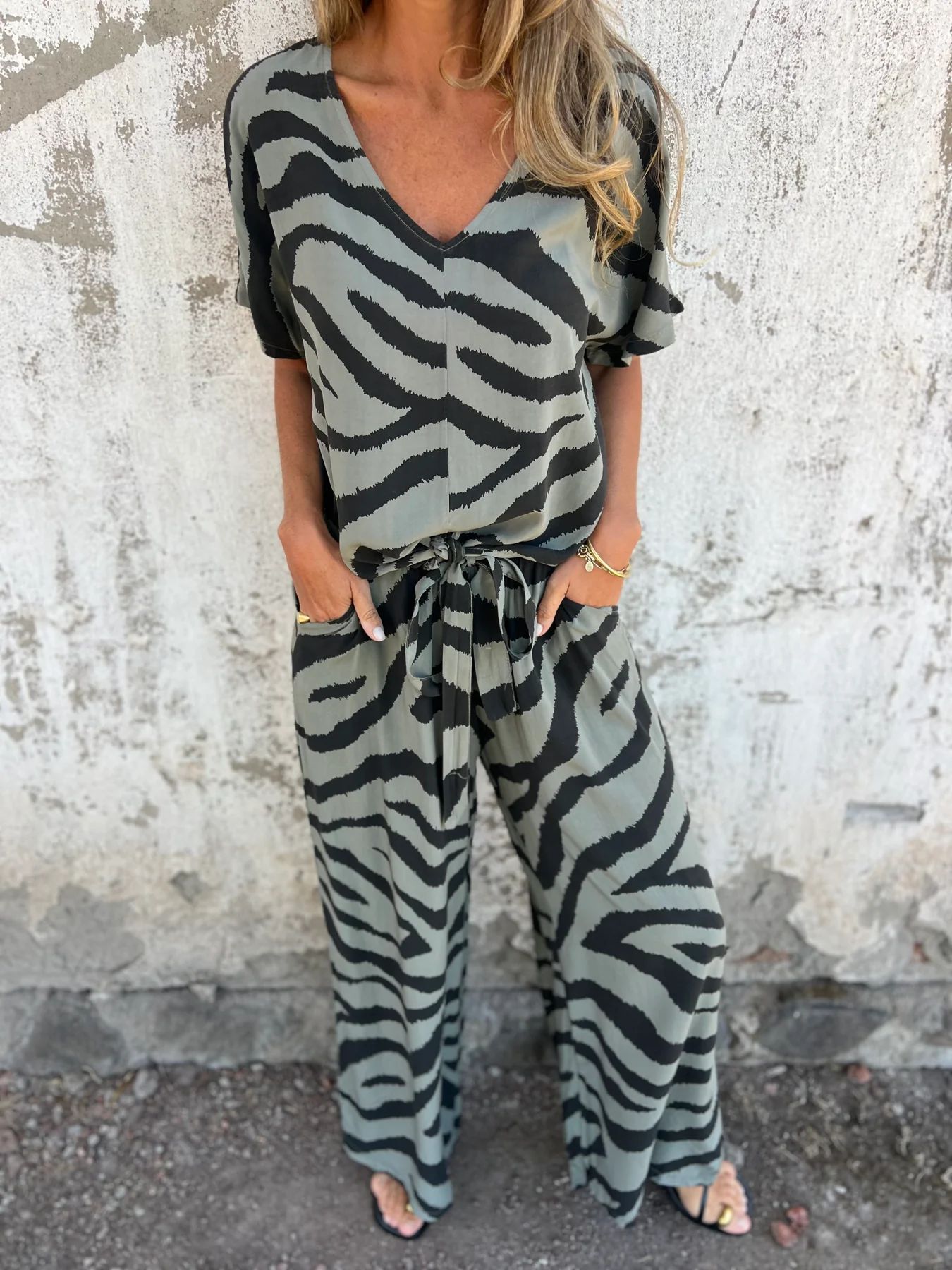 Relaxed Zebra Print V-Neck Tie Waist Two-Piece Set