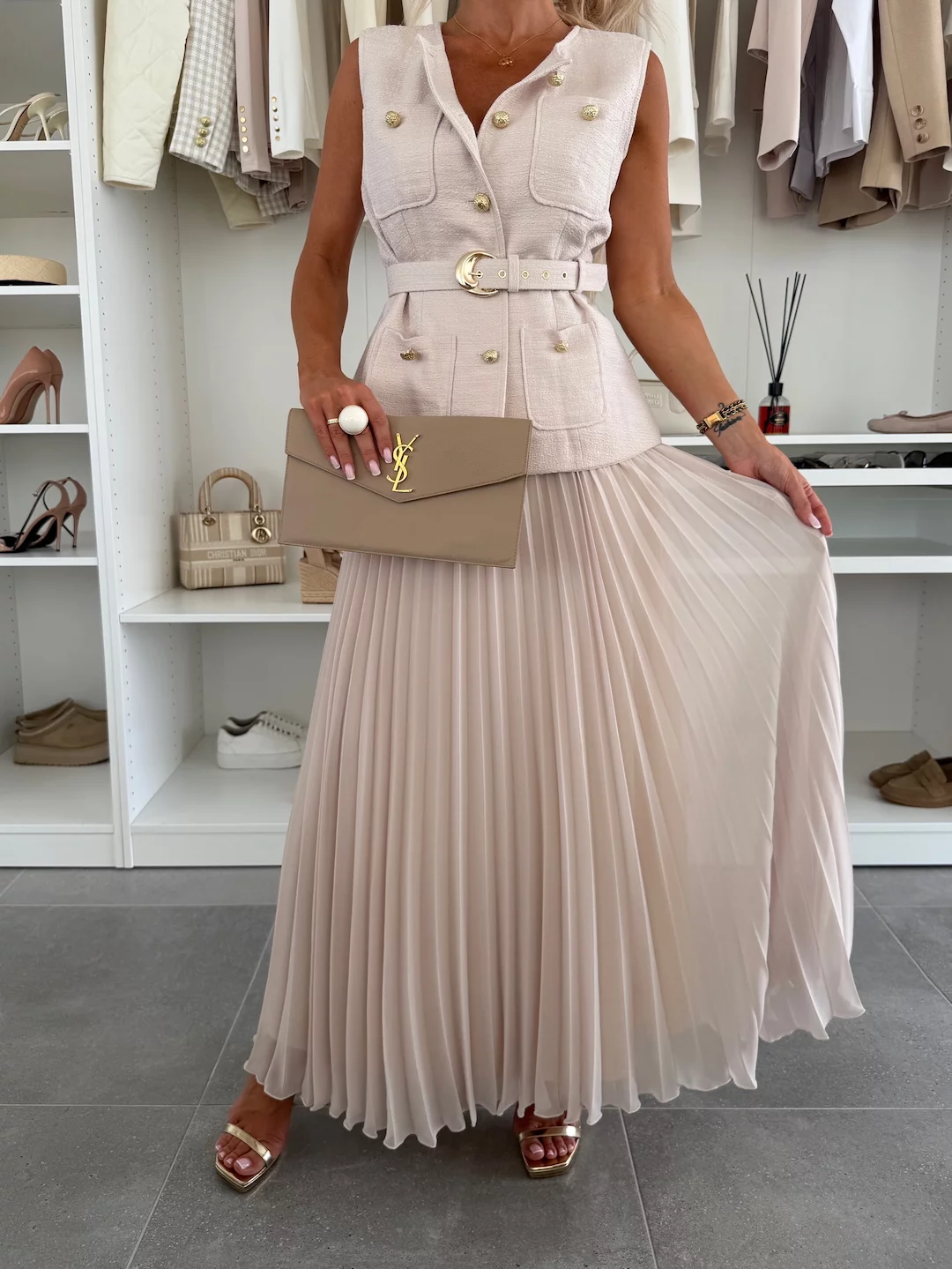 Elegant Sleeveless Button-Up Top & Pleated Maxi Skirt Two-Piece Set