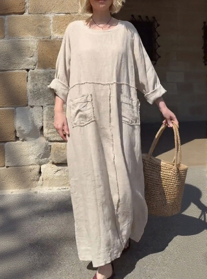 Relaxed Patch-Pocket Cotton-Line Maxi Dress (Buy 2 Free Shipping)