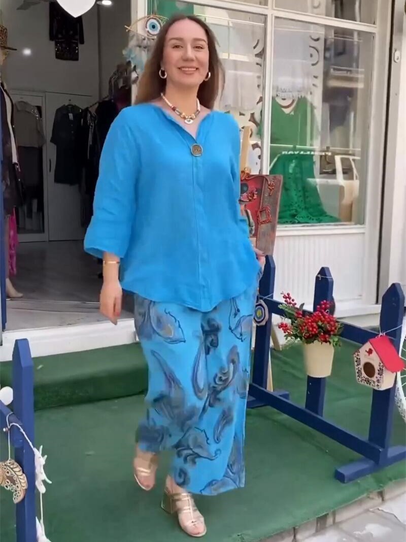 Relaxed Cotton-Linen V-Neck Top and Printed Wide Leg Pants Set (Buy 2 Free Shipping)