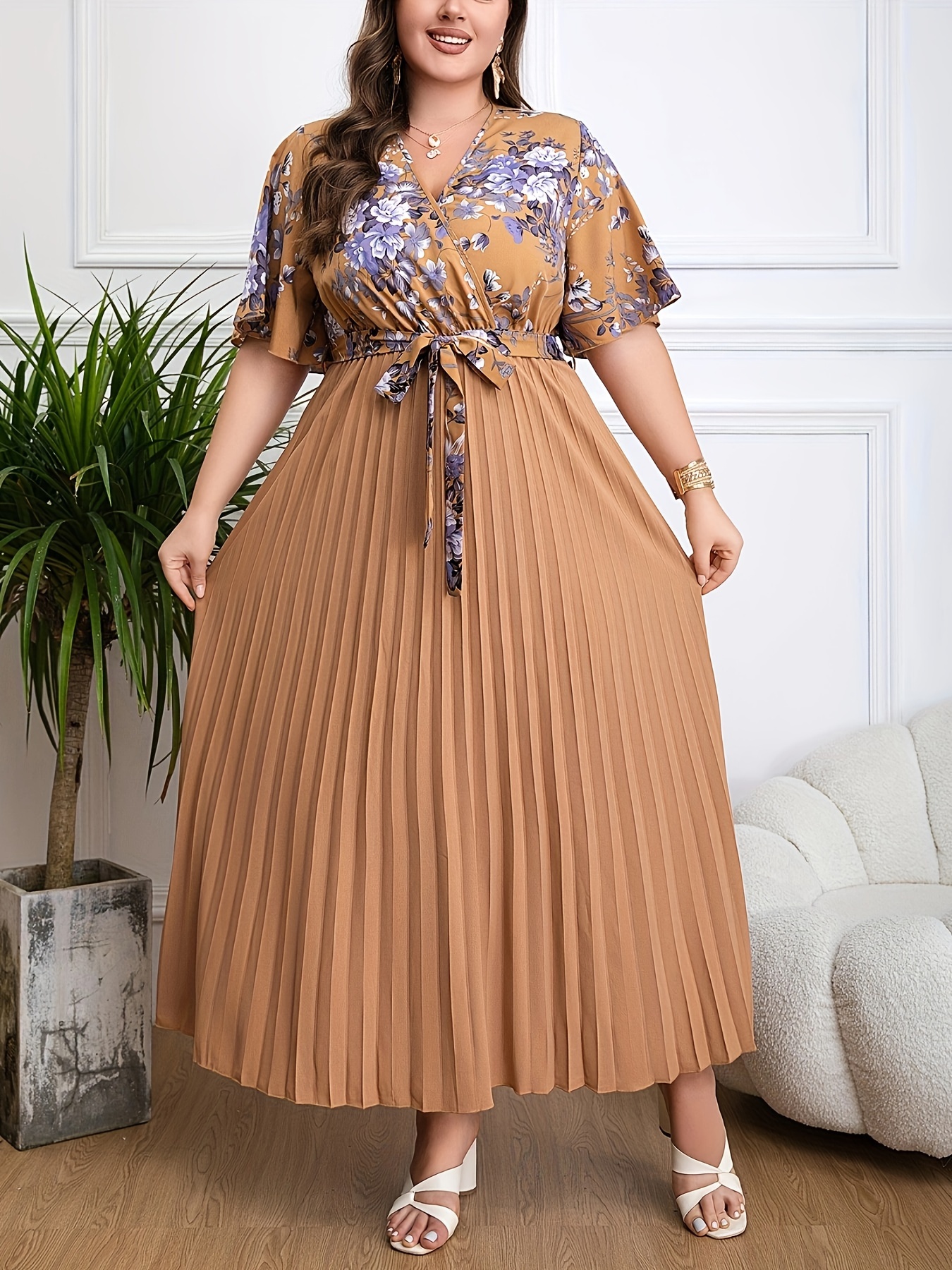 Elegant Floral Printed Pleated Maxi Dress (Buy 2 Free Shipping)