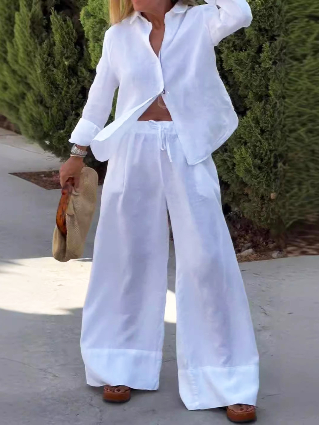 Relaxed Linen Button-Up Shirt and Wide-Leg Pants Two-Piece Set