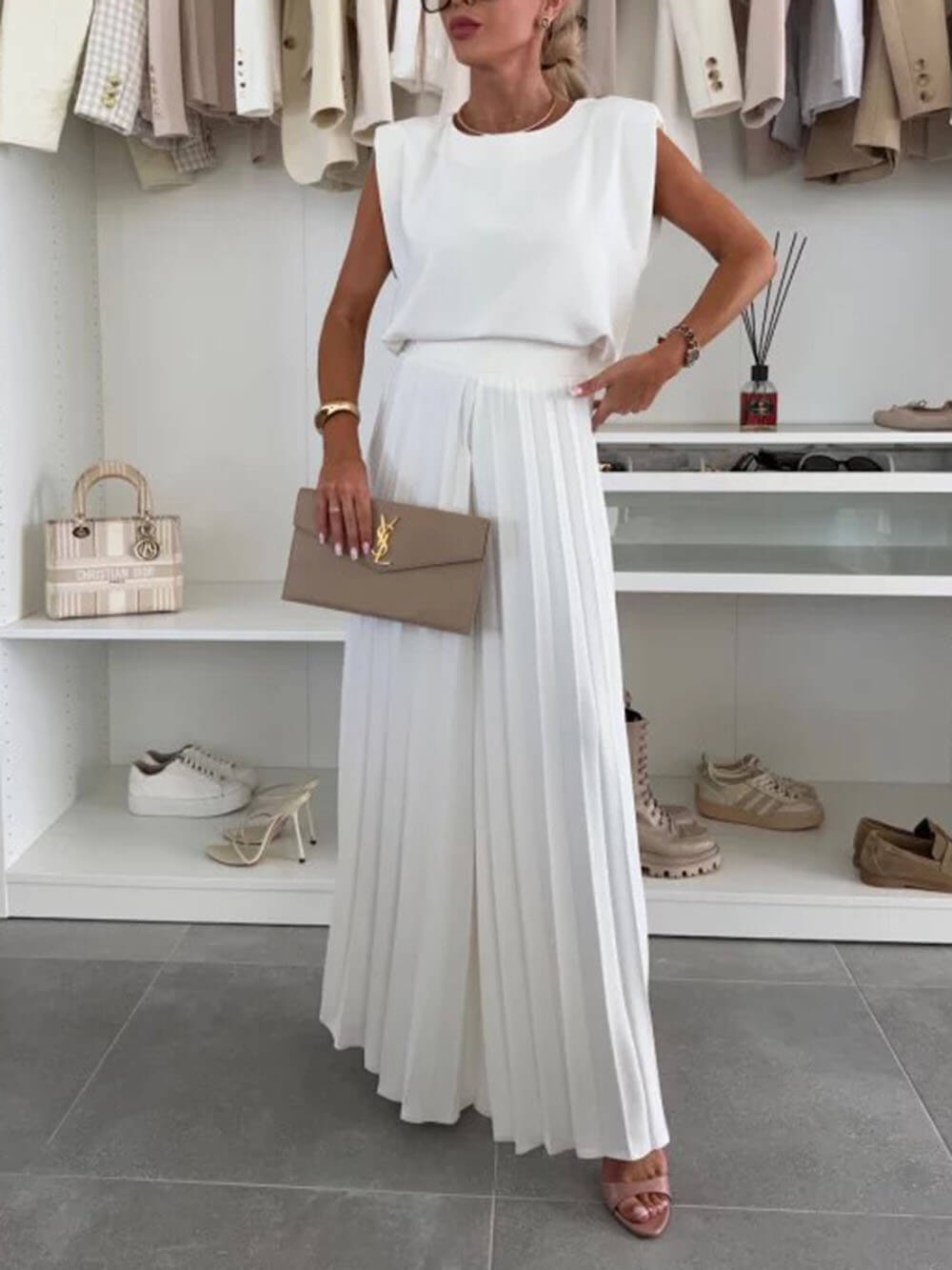 Sleeveless Top & Pleated Wide-Leg Pants Two-Piece Set (Buy 2 Free Shipping)
