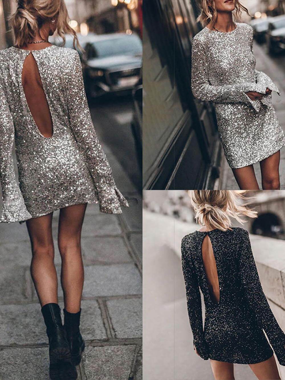 Sequined Long-Sleeved Hip-Hugging Mini Dress (Buy 2 Free Shipping)