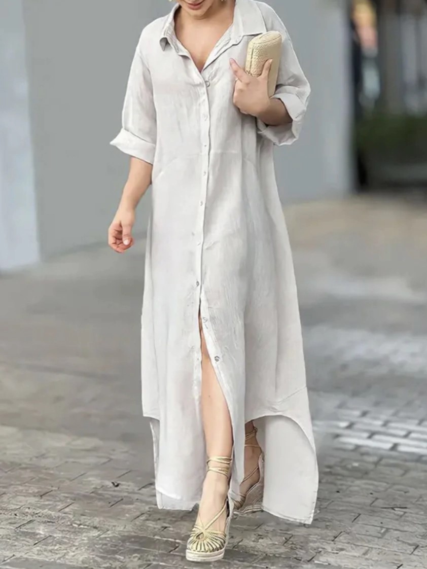 Elegant Linen-Blend Button-Down Maxi Dress with Rolled Sleeves