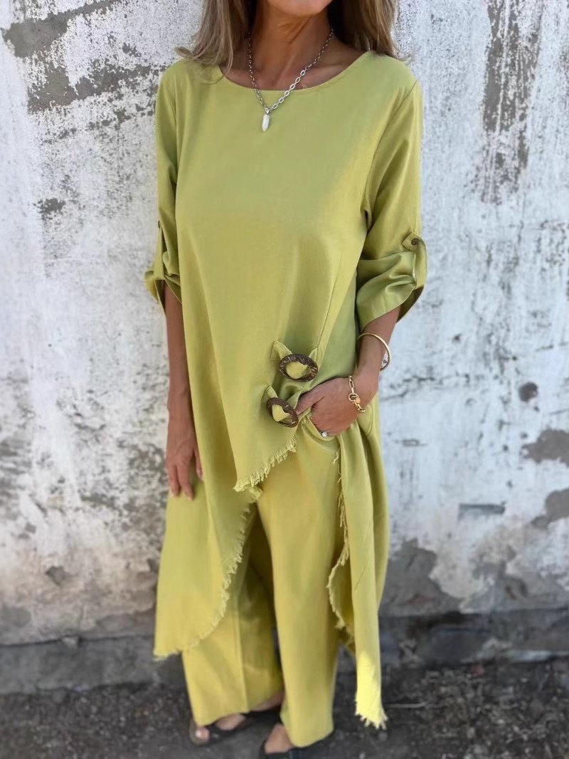 Relaxed Linen-Look Two-Piece Set with Side Drape Detail