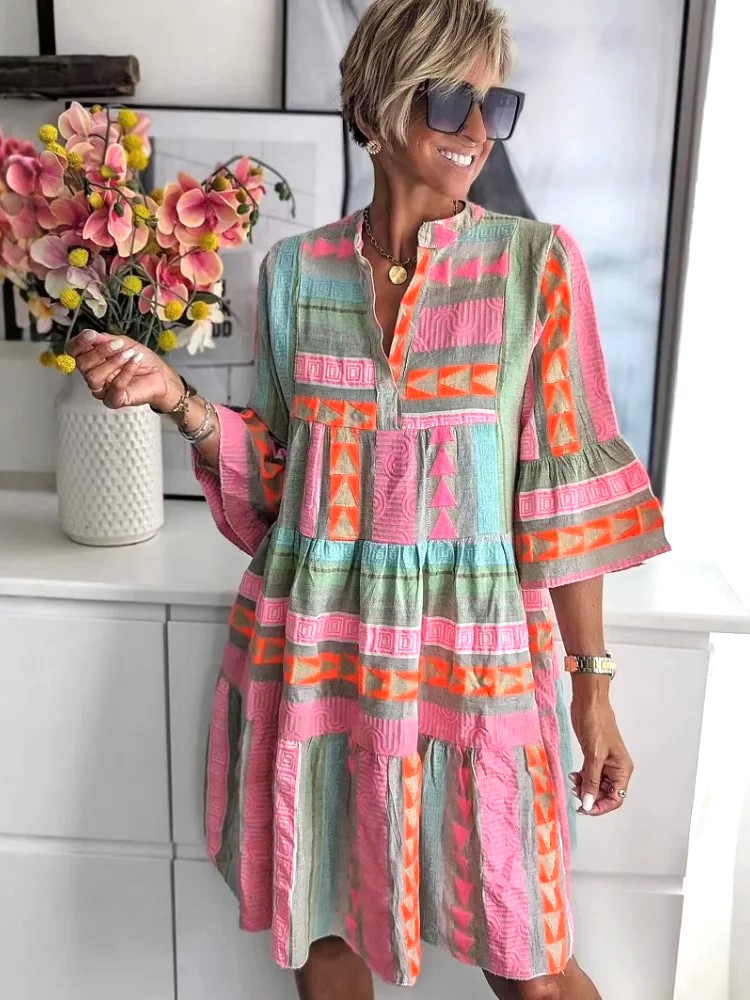 Colorblock Boho Flare Sleeve Swing Dress