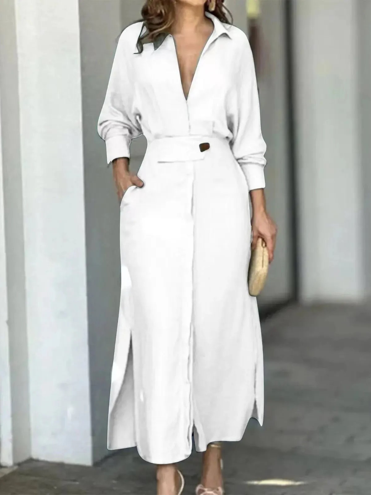 Elegant V-Neck Belted Button-Down Maxi Dress (BUY 2 FREE SHIPPING)