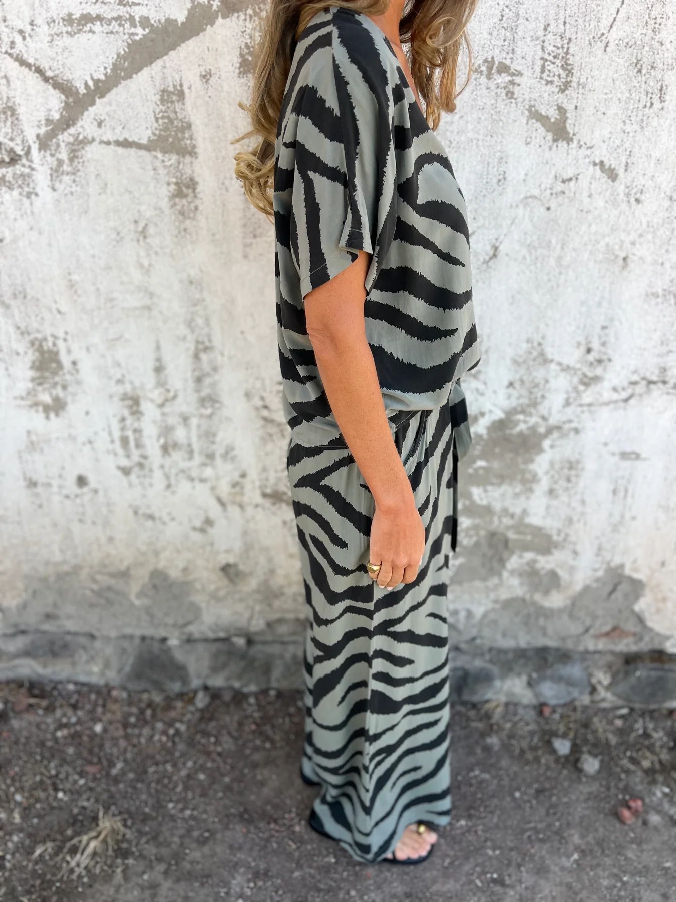 Relaxed Zebra Print V-Neck Tie Waist Two-Piece Set