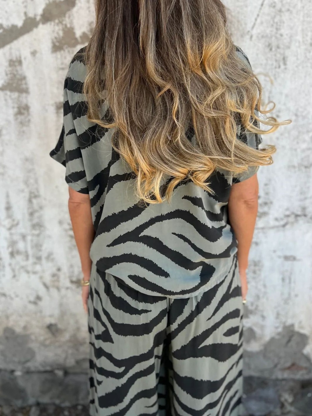 Relaxed Zebra Print V-Neck Tie Waist Two-Piece Set