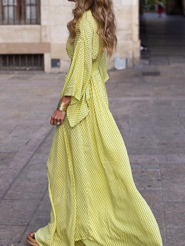 Flowy Printed Maxi Dress with Smocked Waist and Flared Sleeves