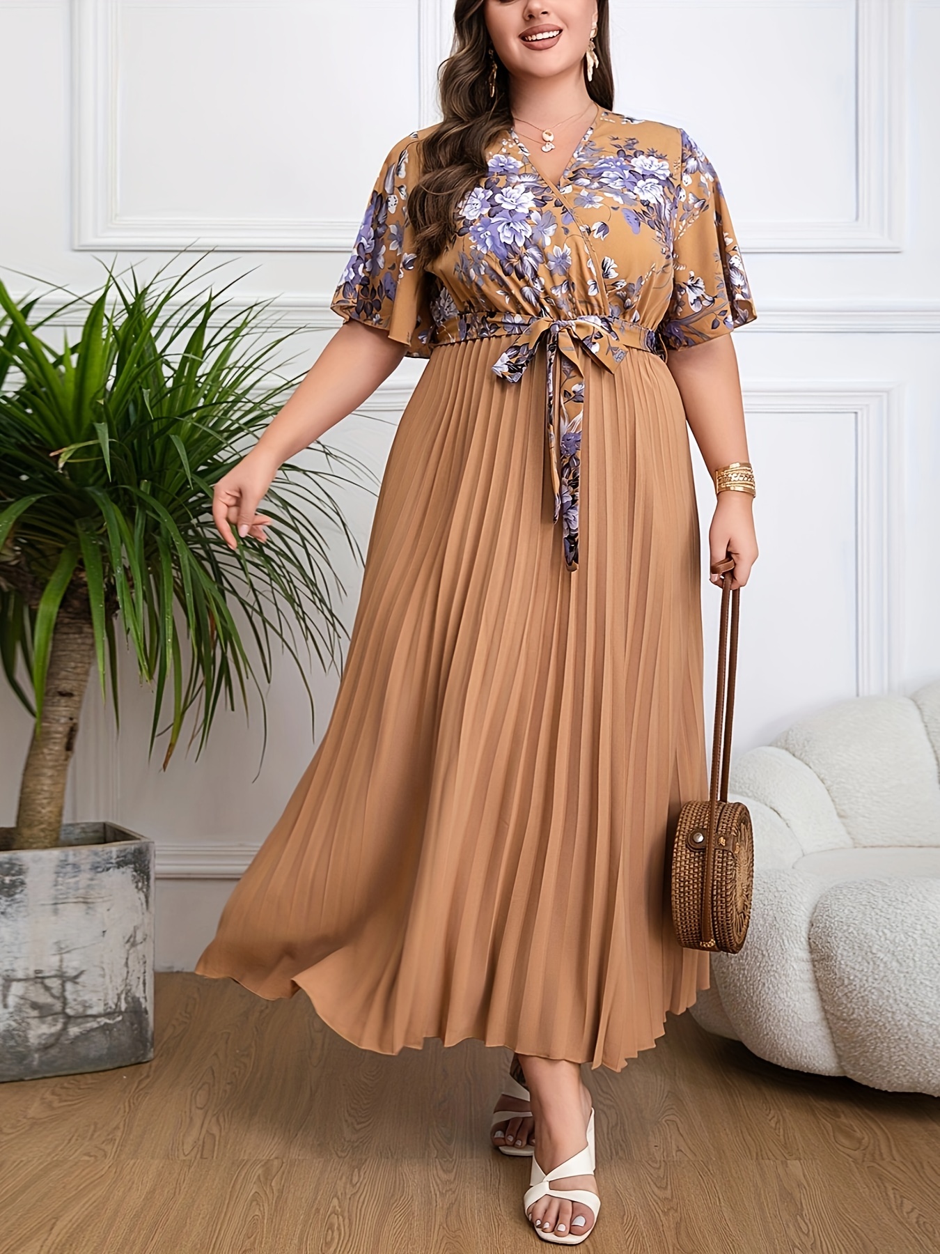 Elegant Floral Printed Pleated Maxi Dress (Buy 2 Free Shipping)