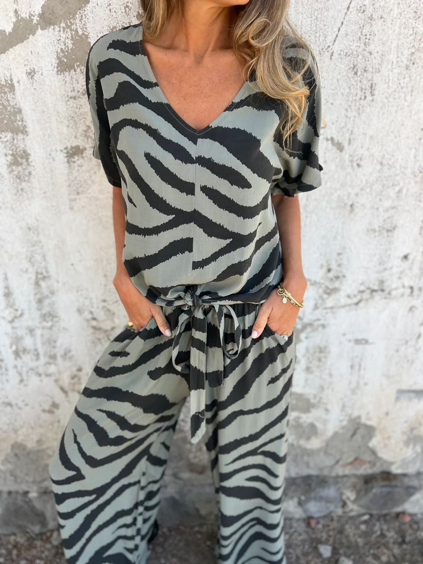 Relaxed Zebra Print V-Neck Tie Waist Two-Piece Set