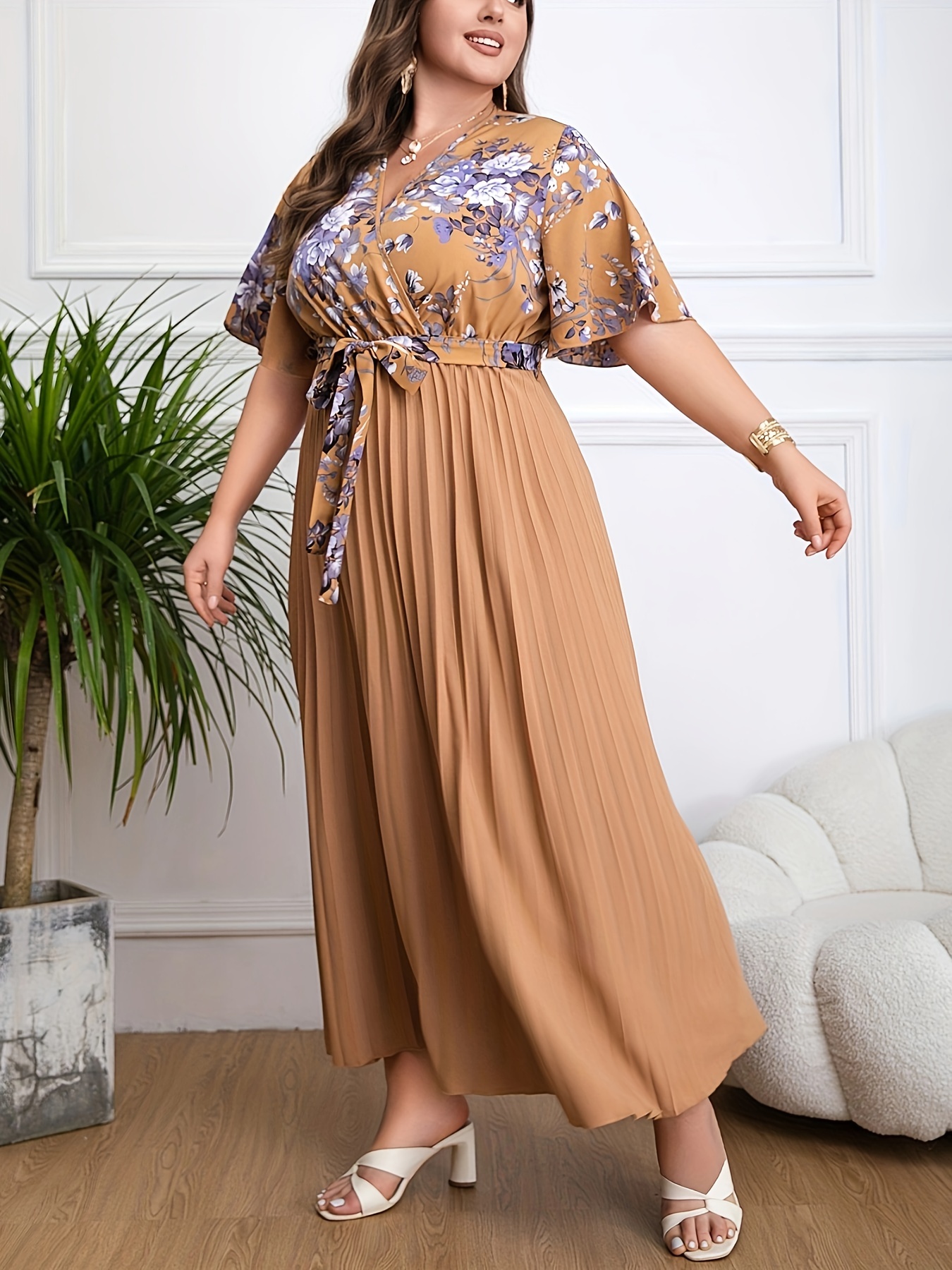 Elegant Floral Printed Pleated Maxi Dress (Buy 2 Free Shipping)