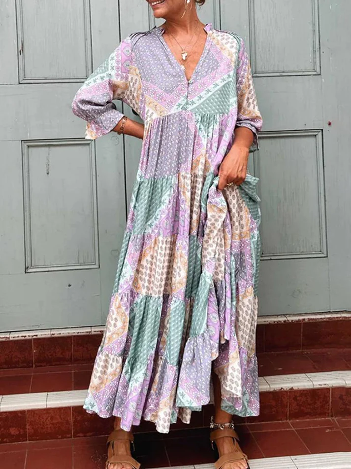 Boho Patchwork V-Neck Tiered Maxi Dress (Buy 2 Free Shipping)