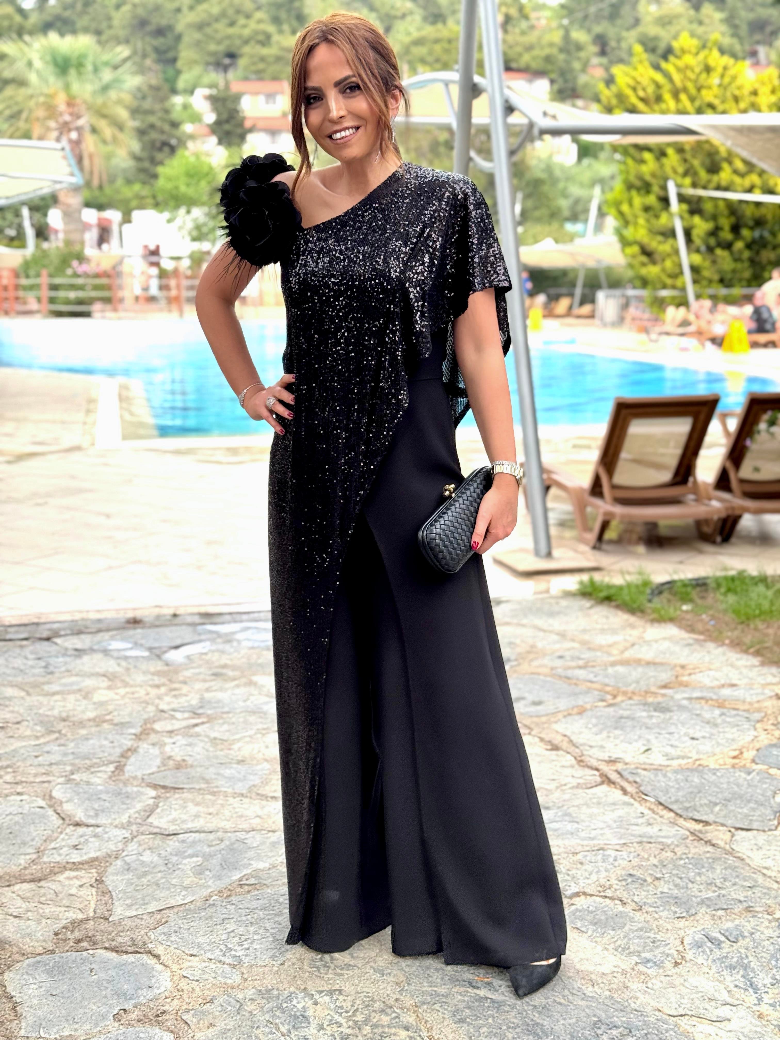 Elegant One-Shoulder Sequin Drape Wide-Leg Jumpsuit (Buy 2 Free Shipping)