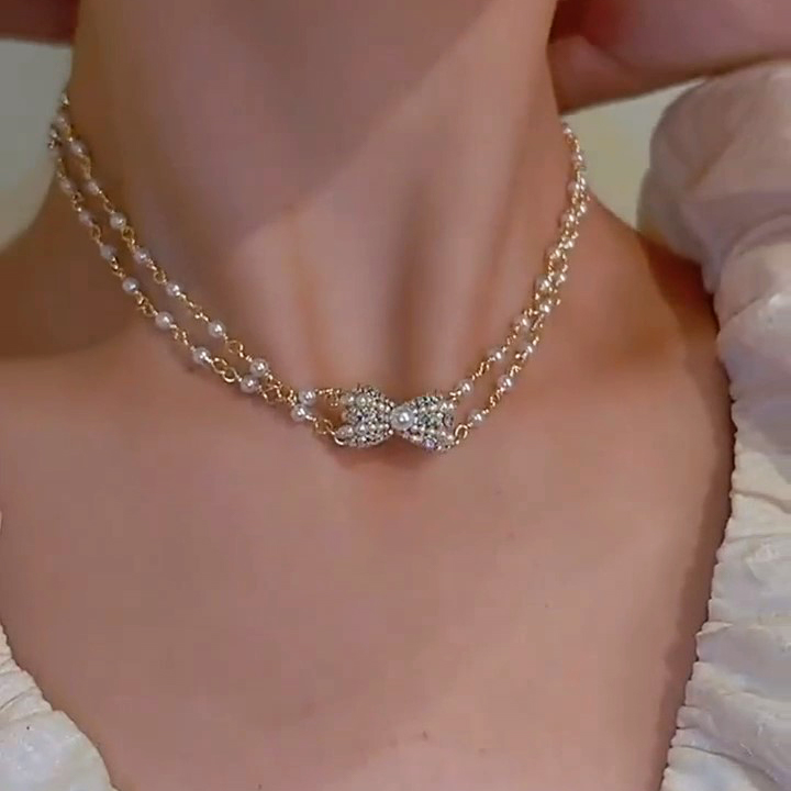 Double Chain Bow Pearl Choker Necklace
