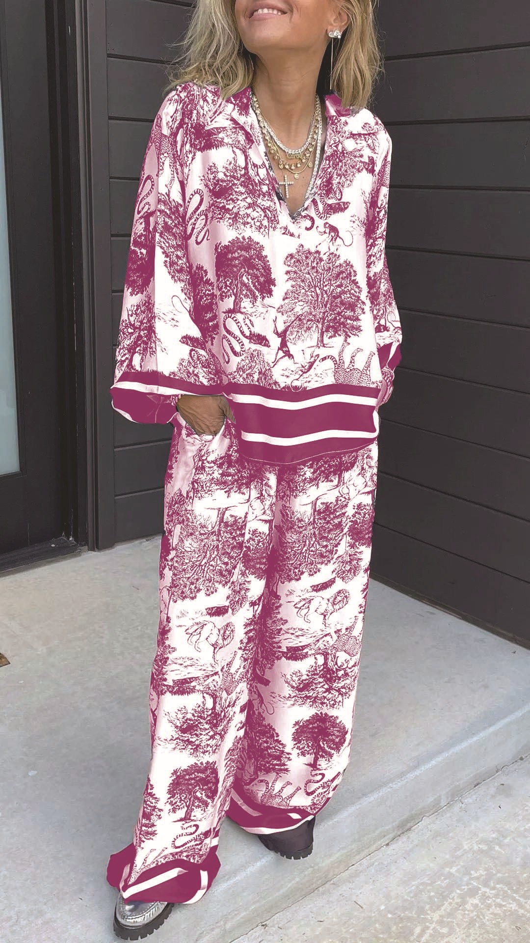Printed Matching Set with Relaxed Shirt and Wide-Leg Pants