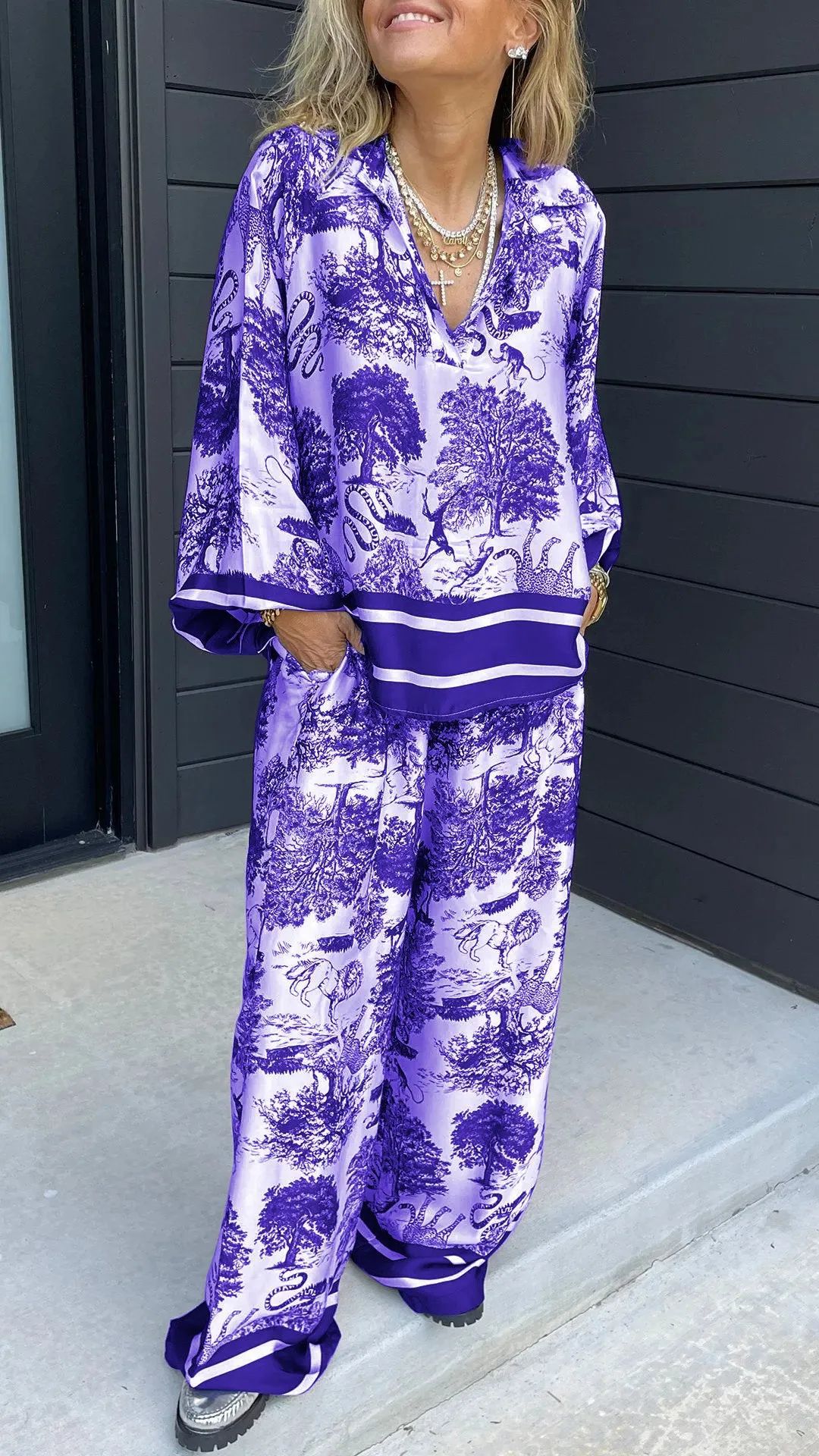 Printed Matching Set with Relaxed Shirt and Wide-Leg Pants