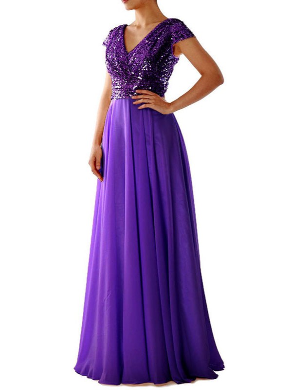Sequin Cap Sleeve Maxi Chiffon Evening Dress