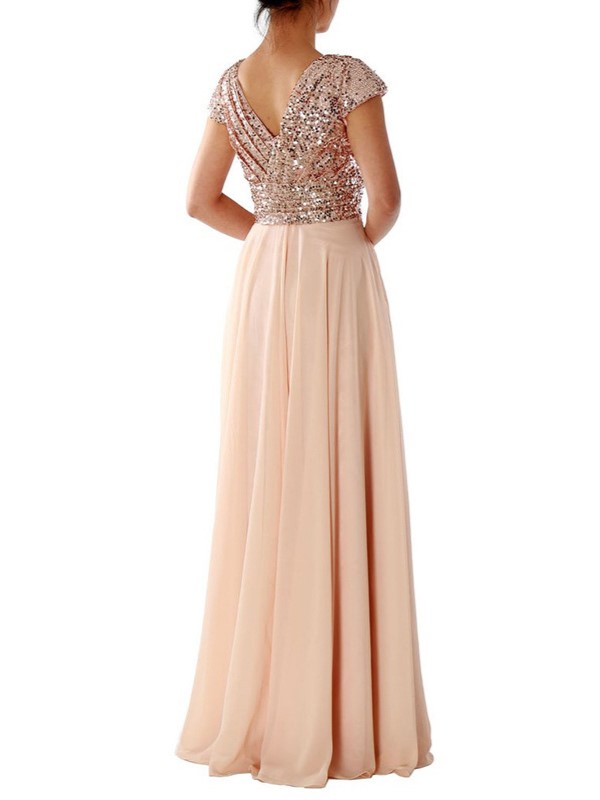 Sequin Cap Sleeve Maxi Chiffon Evening Dress