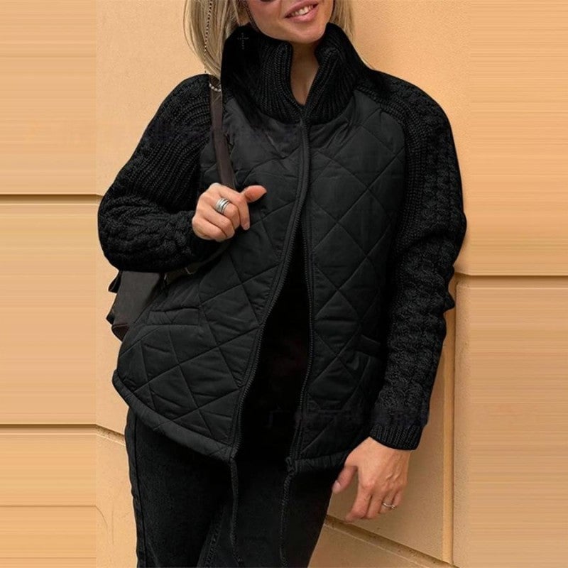 Women's Casual Solid Color Knitted Patchwork Zipped Jacket