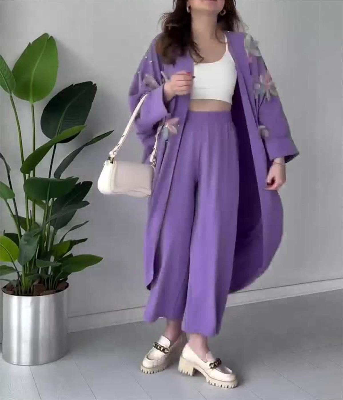 Crafted Floral Cardigan And Trousers Suit (Buy 2 Free Shipping)