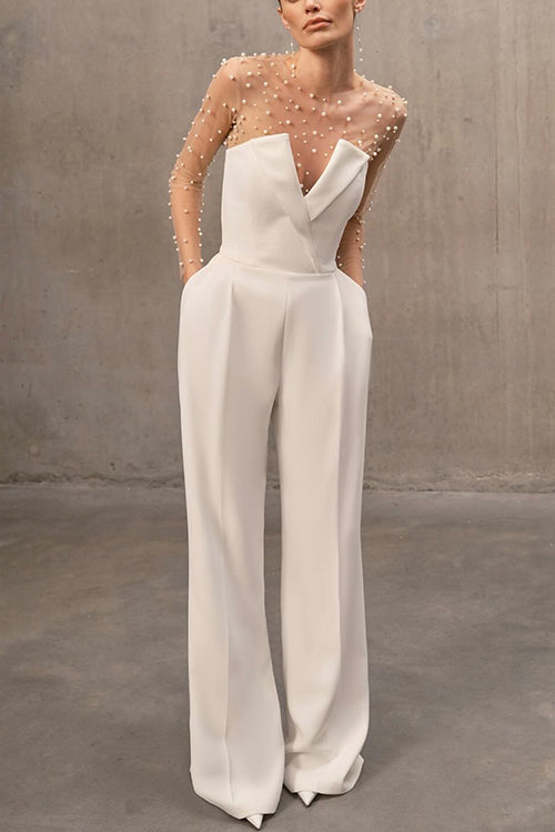 Sheer Mesh Pearl Bodysuit & V Neck Strapless Pocketed Wide Leg Jumpsuit