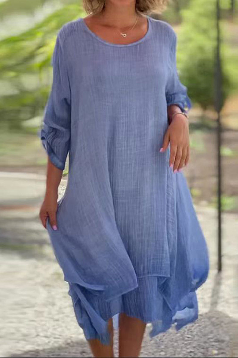 Flowy Textured Layered Hem Dress with Convertible Sleeves