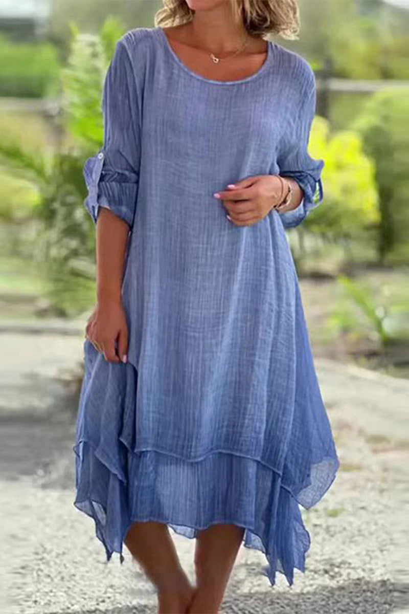 Flowy Textured Layered Hem Dress with Convertible Sleeves