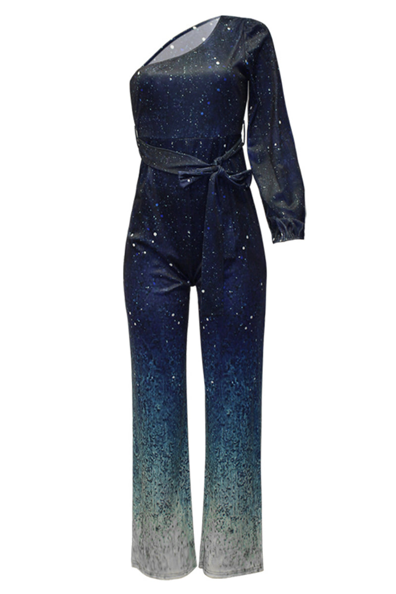 Sexy Celebrities Gradual Change With Belt Printing Oblique Collar Regular Jumpsuits