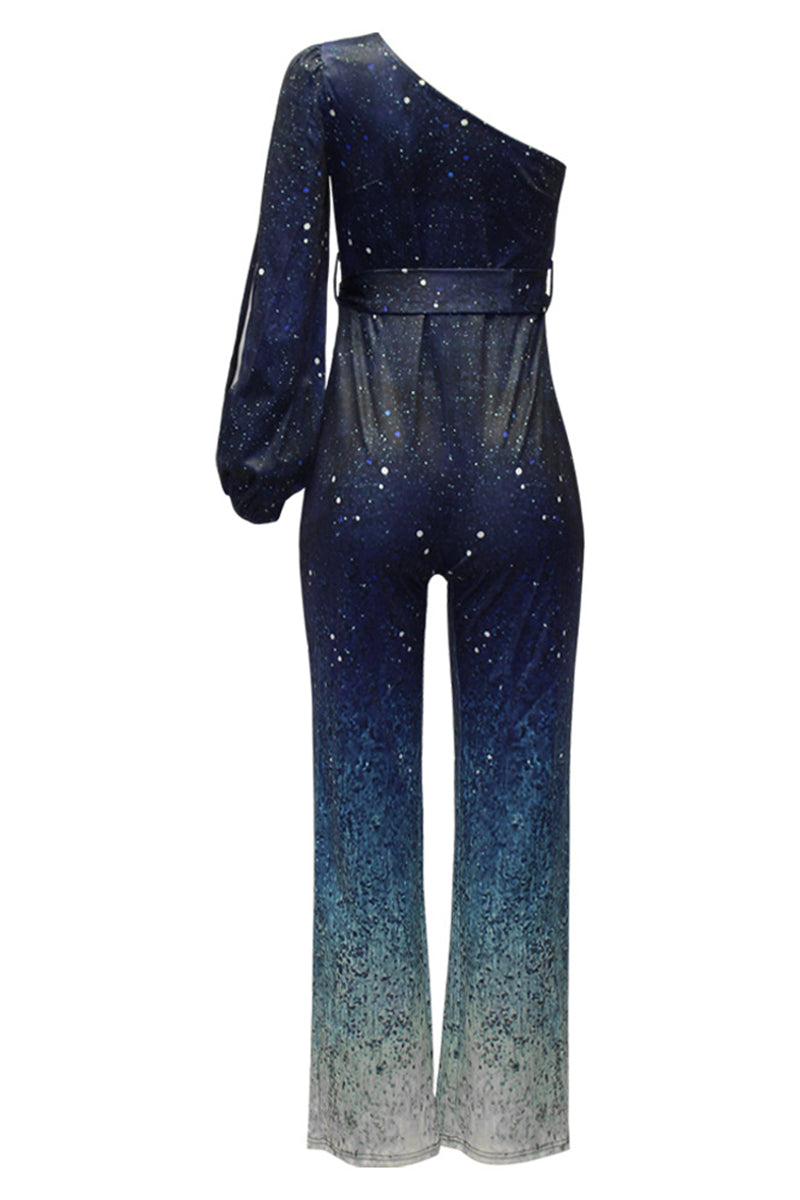 Sexy Celebrities Gradual Change With Belt Printing Oblique Collar Regular Jumpsuits