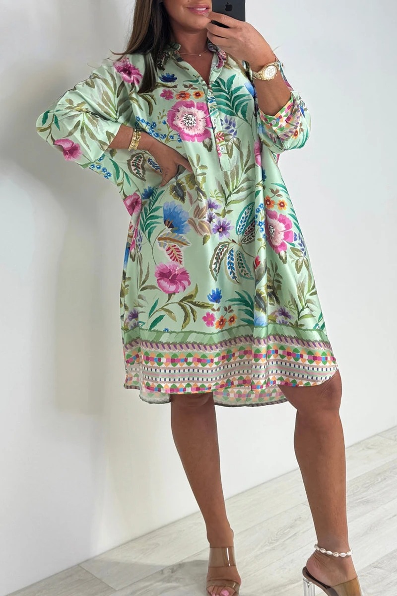 Vintage Floral Satin Loose Fit Shirt Dress (Buy 2 Free Shipping)