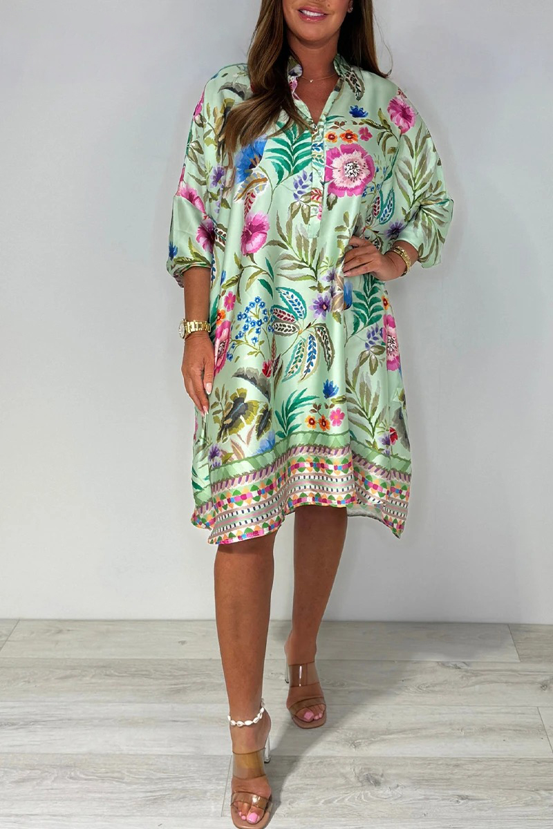 Vintage Floral Satin Loose Fit Shirt Dress (Buy 2 Free Shipping)