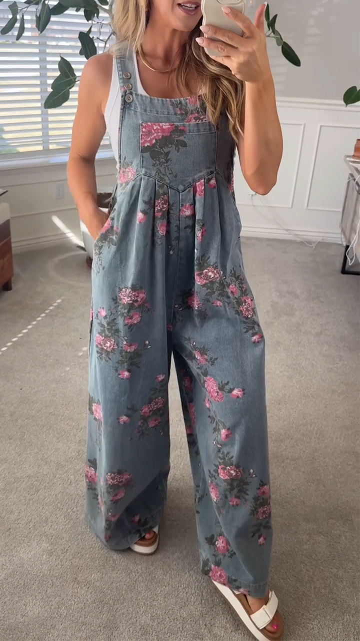 Floral Denim Overalls with Wide-Leg Fit