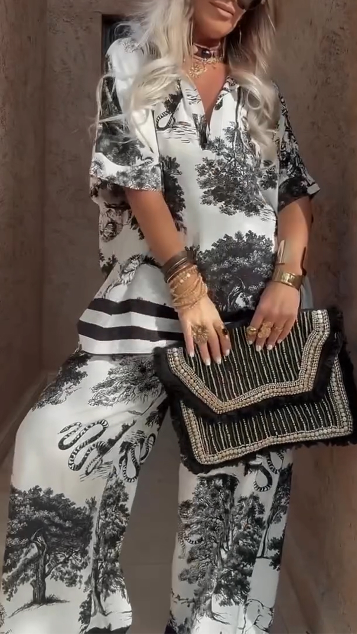 Printed Matching Set with Relaxed Shirt and Wide-Leg Pants