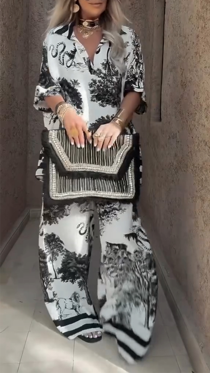 Printed Matching Set with Relaxed Shirt and Wide-Leg Pants
